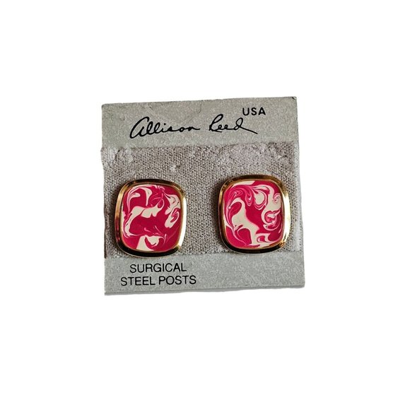 Vintage ALLISON REED Paint Pink White Swirl Rectangular PIERCED EARRINGS - Picture 2 of 11